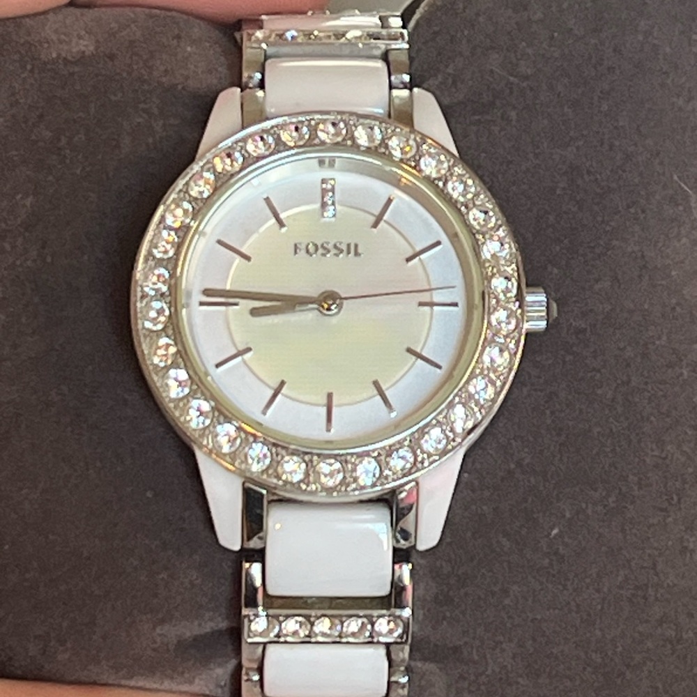 Fossil Ceramic and Women's Crystal-Accented Silver and White Watch! New battery